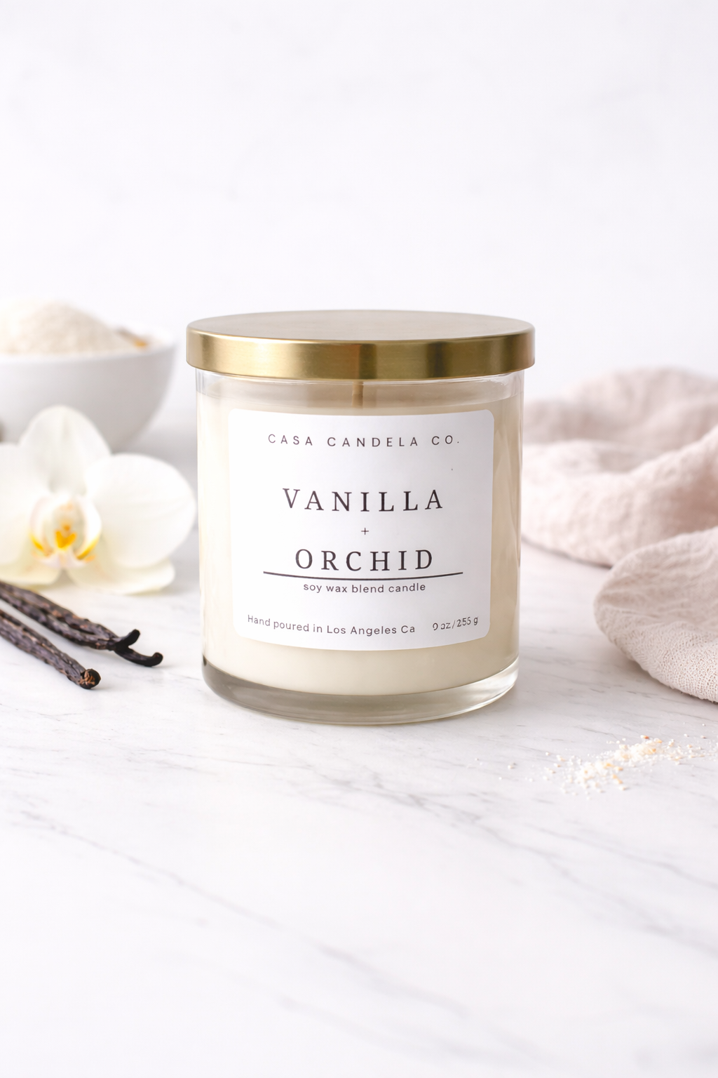 Popular candles - Casa Candela Vanilla Orchid soy wax candle in frosted glass jar with gold lid
