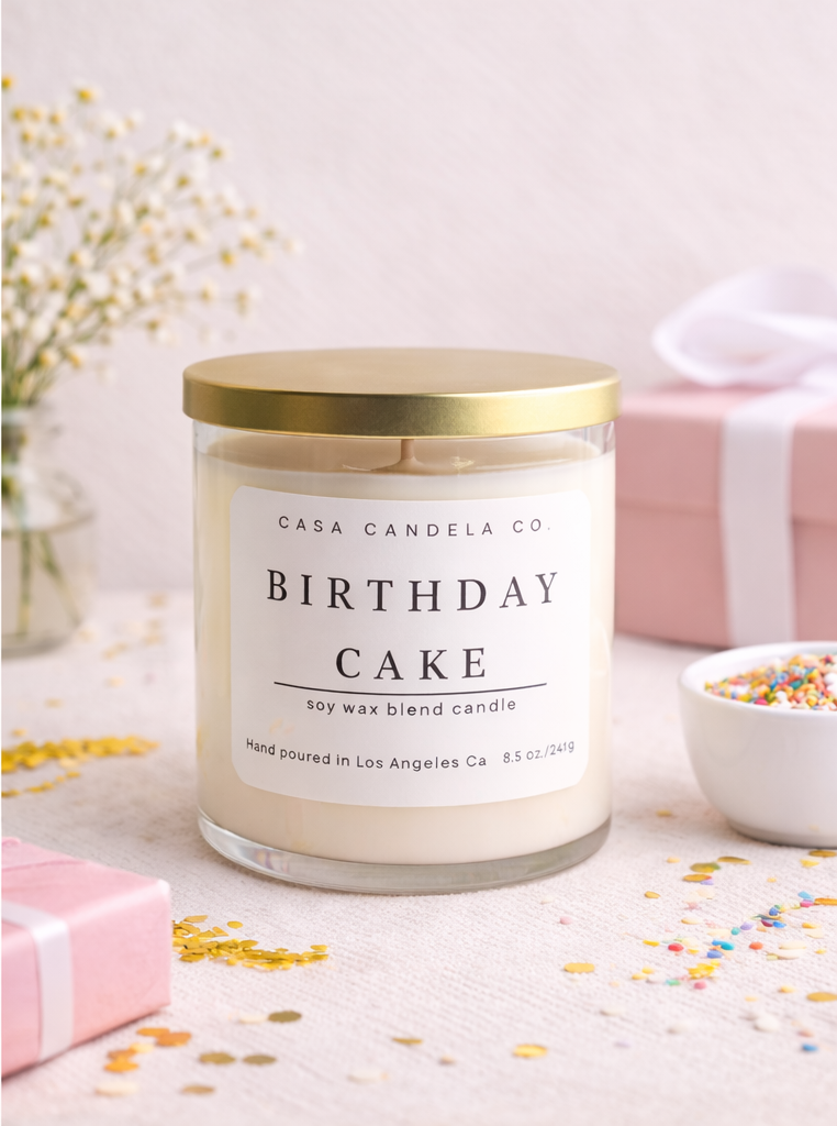 Birthday Cake soy candle in clear glass jar with gold lid - Casa Candela Co