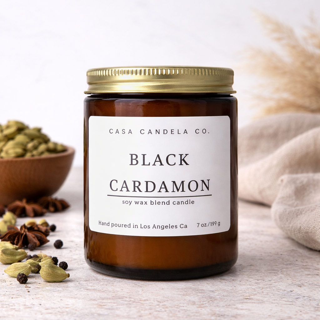 Black Cardamom soy candle in amber glass jar - Casa Candela Co