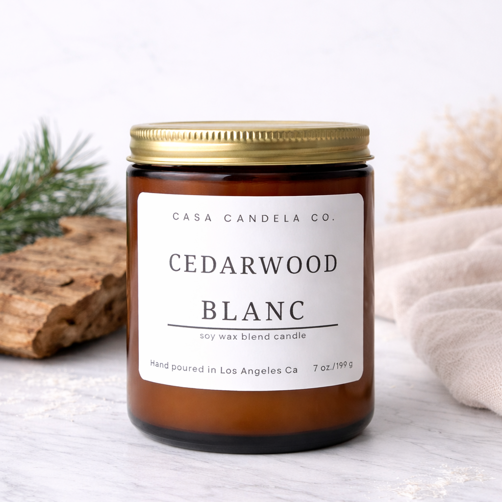 Cedarwood Blanc soy candle in amber glass jar - Casa Candela Co