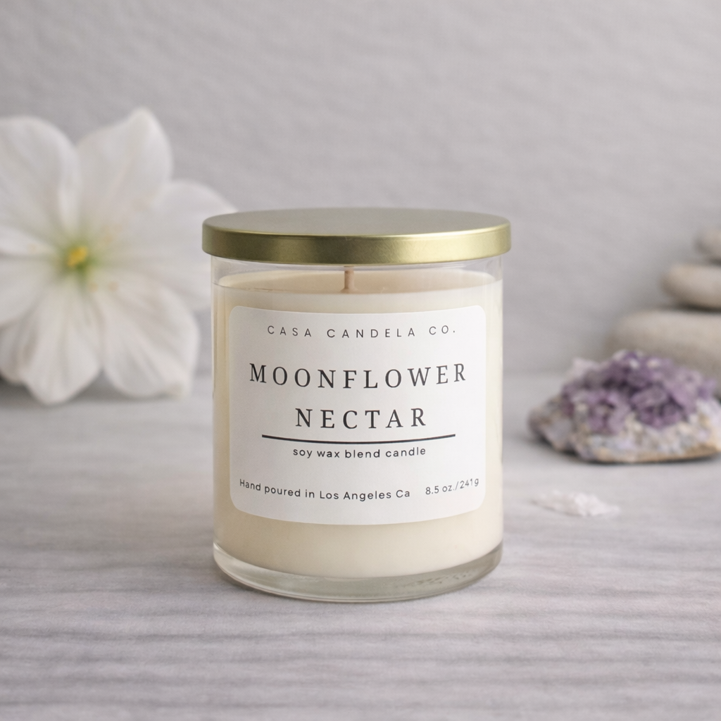 Moonflower Nectar soy candle in clear glass jar with gold lid - Casa Candela Co