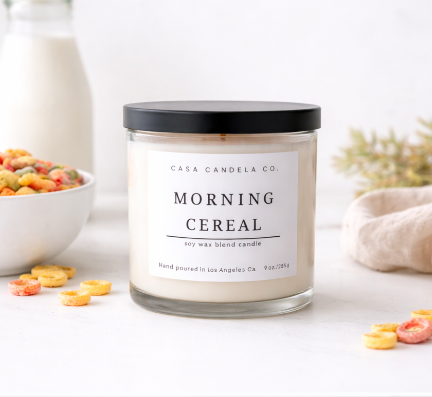 Morning Cereal soy candle in clear glass jar with black lid - Casa Candela Co