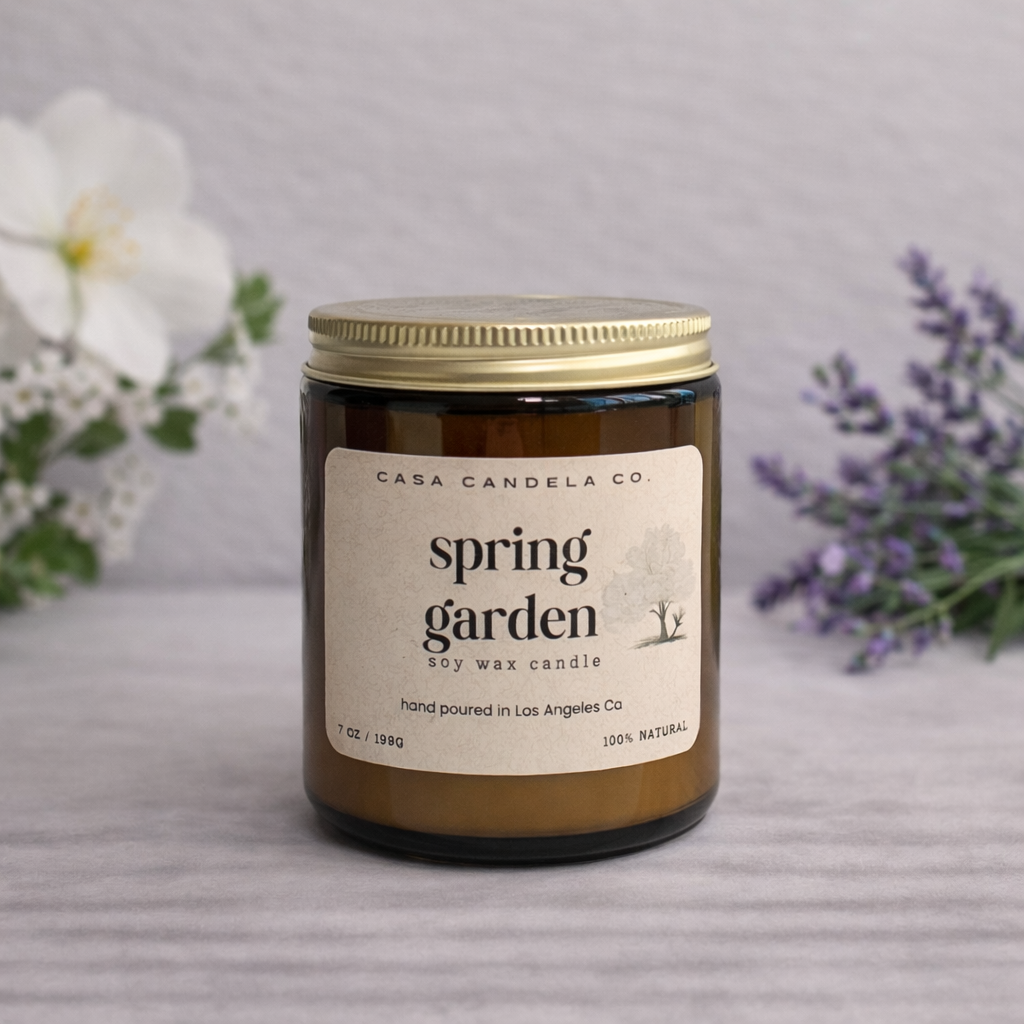 Spring Garden soy candle in amber glass jar - Casa Candela Co.