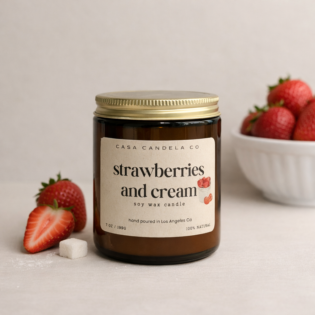Strawberries and Cream soy candle in amber glass jar - Casa Candela Co