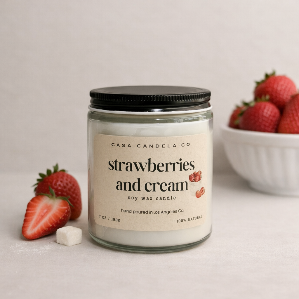 Hand-poured strawberries and cream candle 7 oz with cotton wick