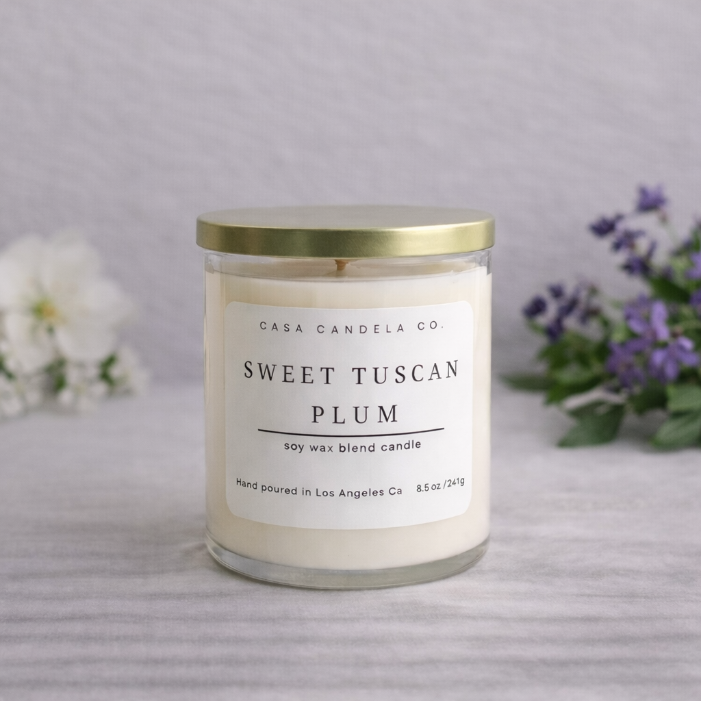 Sweet Tuscan Plum soy candle in clear glass jar with gold lid - Casa Candela Co