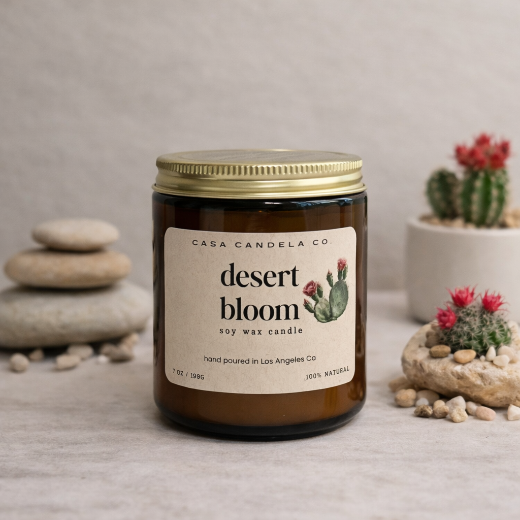 Desert Bloom soy candle in amber glass jar - Casa Candela Co