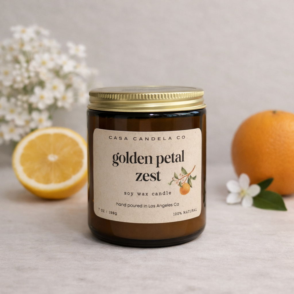 Golden Petal Zest soy candle in amber glass jar - Casa Candela Co