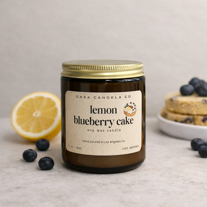 Lemon Blueberry Cake soy candle in amber glass jar - Casa Candela Co